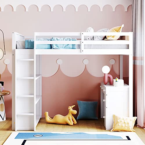 Harper & Bright Designs Full Size Loft Bed with Wardrobe and Desk, Solid Wood, White R4710
