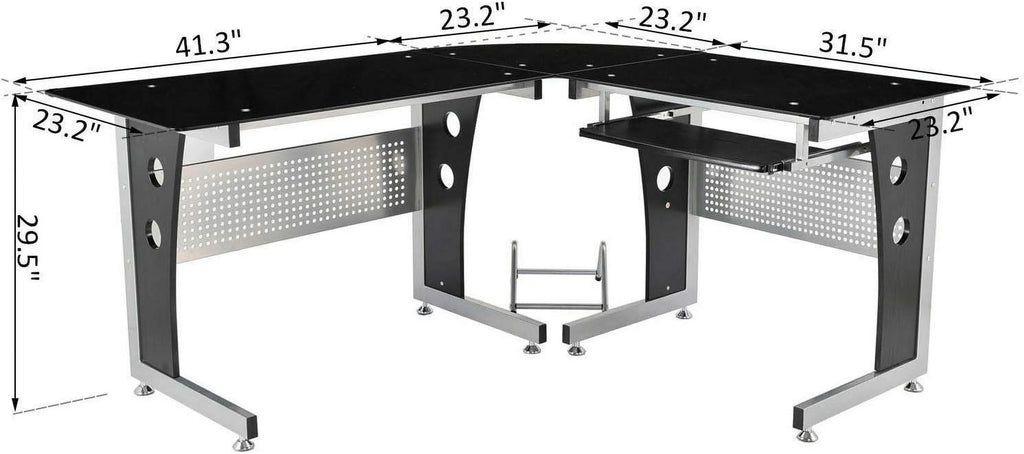 Black L-Shape Corner Tempered Glass Computer Desk with Keyboard Tray W76860
