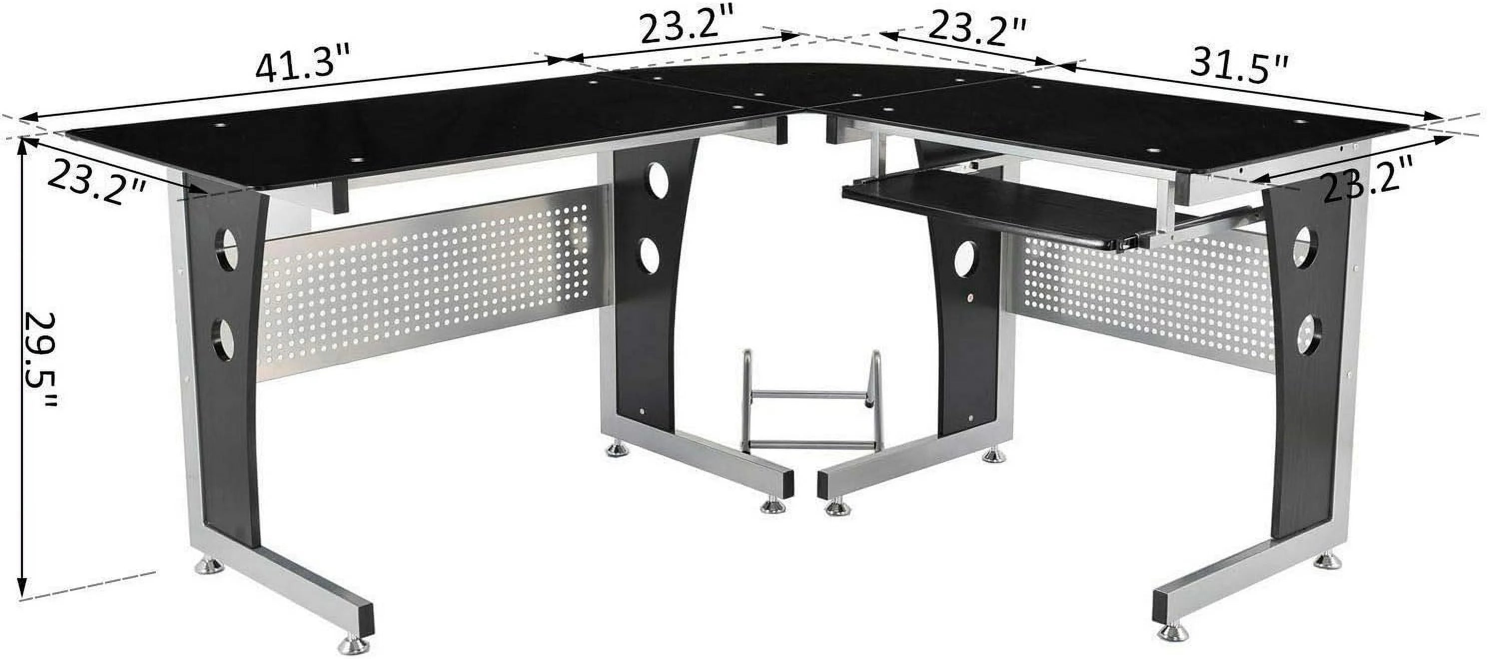 Black L-Shape Corner Tempered Glass Computer Desk with Keyboard Tray W76860