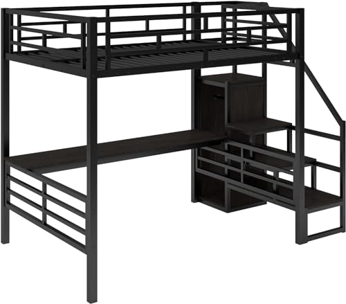 Metal Full Loft Bed with Desk and Wardrobe, Storage Stairs D90681