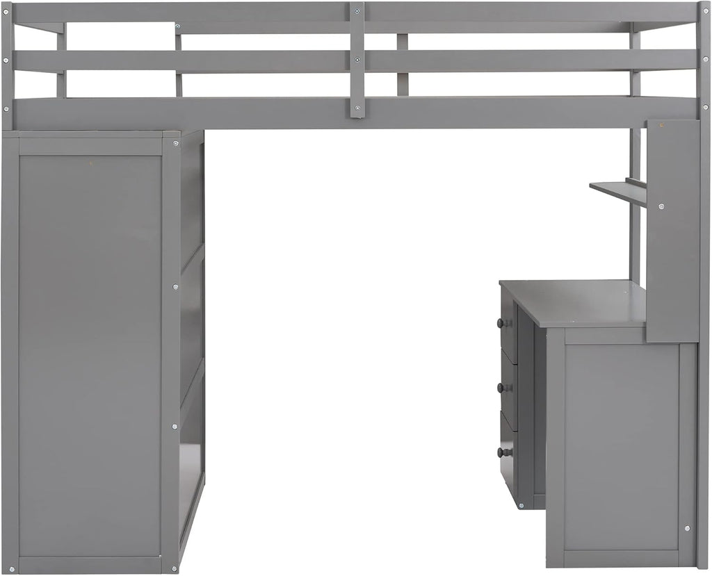 Gray Twin Loft Bed with Desk, Drawers, and Wardrobe D70389