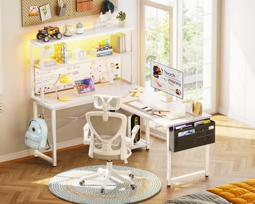 AODK L Shaped Gaming Desk with LED Light & Power Outlet, Grey Oak P41493