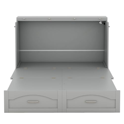 Queen Size Murphy Bed Wall Bed with Storage and Bookcase Headboard, Solid Wood, White H58166