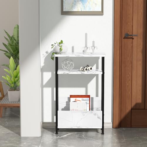 7.1" Narrow 3-Tier Side Table with Magazine Holder, Faux White Marble R580691