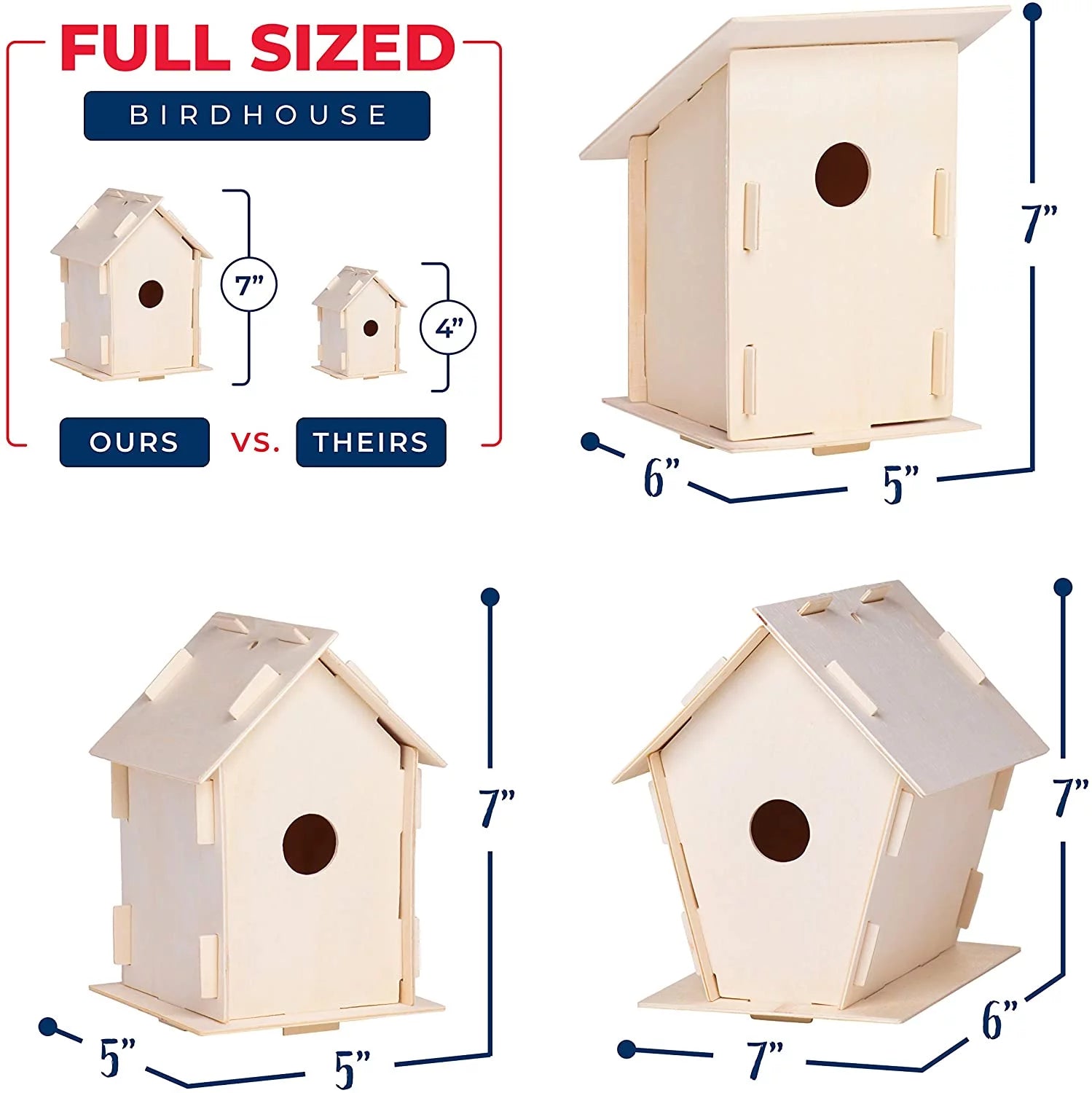 12 Wooden Birdhouse Crafts for Kids - DIY Unfinished Kits with Paint & Brushes I21811