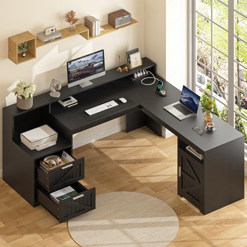 63" Farmhouse L Shaped Desk with Drawers, Power Outlets & Storage Shelf Q538