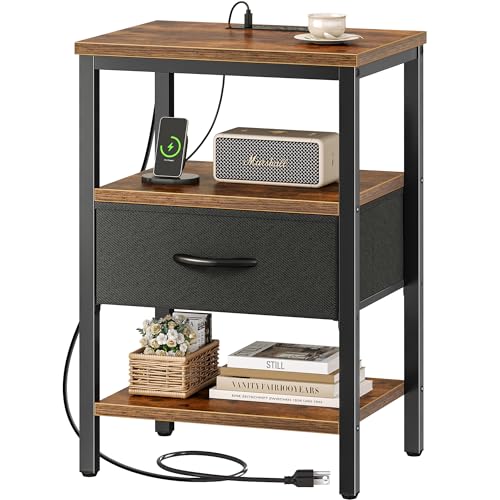 SUPERJARE Nightstand with Charging Station, Fabric Drawer, 3-Tier Storage, Walnut K366263