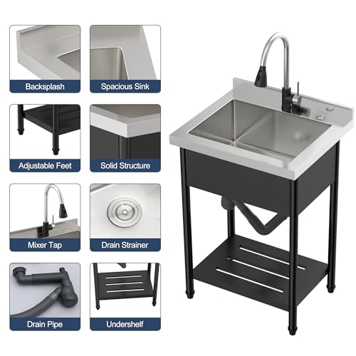 Lordear Stainless Steel Utility Sink 24 Inch Single Bowl Freestanding O589484