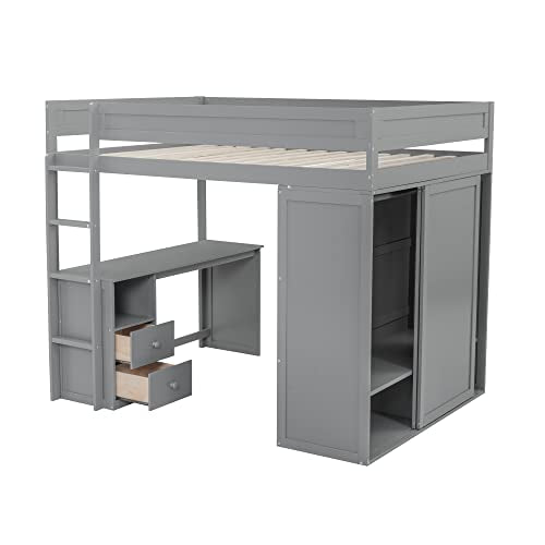 Full Size Loft Bed with Storage Wardrobe and Desk for Kids Teens Adults White K66587