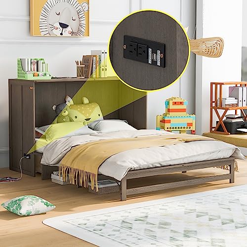 Queen Size Solid Pine Murphy Bed Chest with Charging Station and Storage Drawer K498