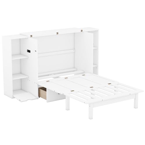 Ball & Cast Queen Size Solid Pine Murphy Bed with Charging Station, White + Walnut P2075