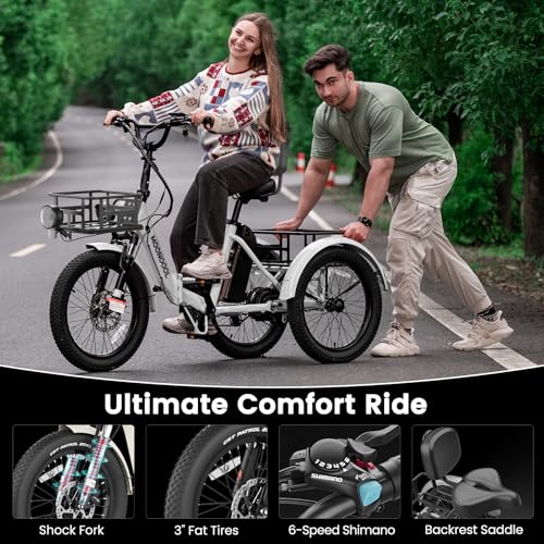 MOONCOOL Electric Tricycle for Adults, 500W 48V Folding 3-Wheel Bike with Basket O9027