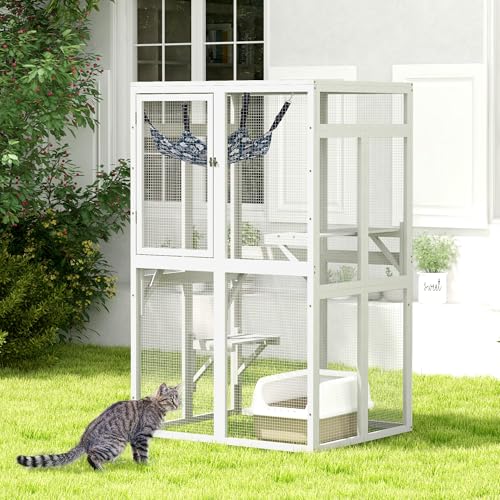 COZIWOW Catio Outdoor Cat Enclosure with Window Access, Wooden Kitty Cage, White T1021