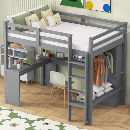SOFTSEA Full Size Loft Bed with Desk & Wardrobe, White F150304