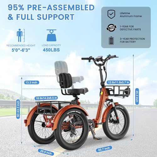 MOONCOOL Electric Trike for Adults, 20" Folding 3-Wheel Ebike, 500W Motor, Removable Battery W50658