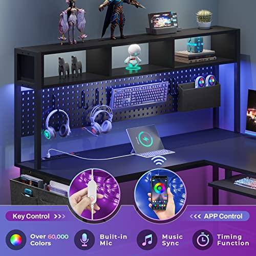 SEDETA L Shaped Gaming Desk with Power Outlet and Pegboard, Black B28201