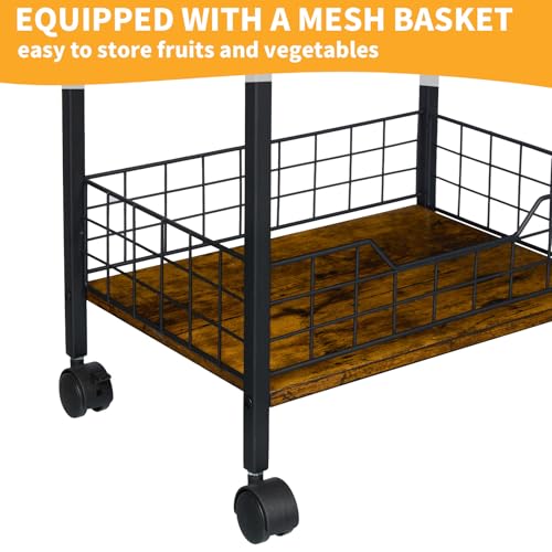 Microwave Cart with Storage, 3-Tier Rolling Kitchen Stand, Wood and Metal Utility Cart I6668