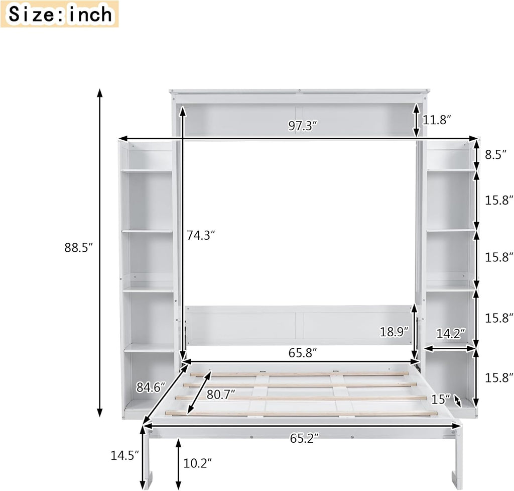 Merax Murphy Bed Queen Size Wooden Wall Bed with Shelves and LED Lights, White U14073