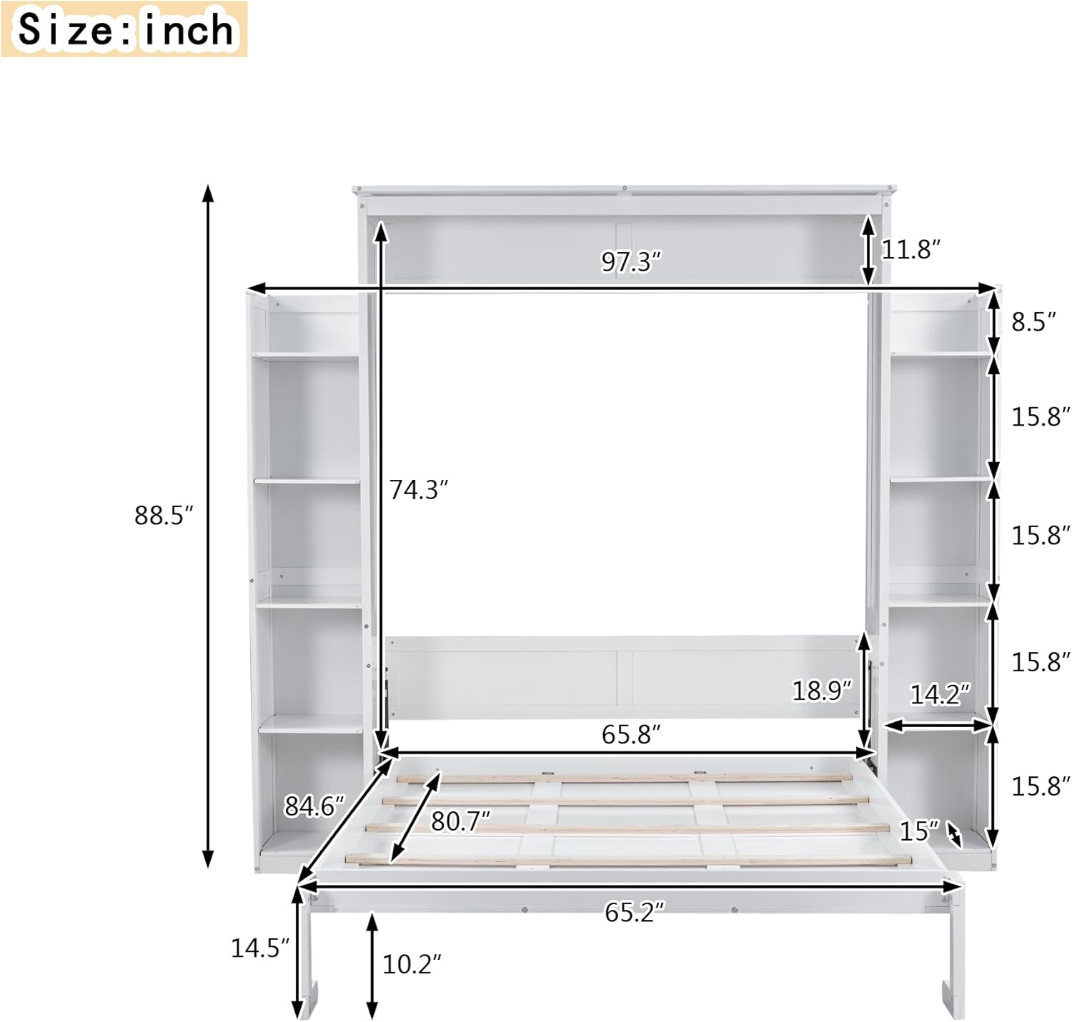 Merax Murphy Bed Queen Size Wooden Wall Bed with Shelves and LED Lights, White U14073