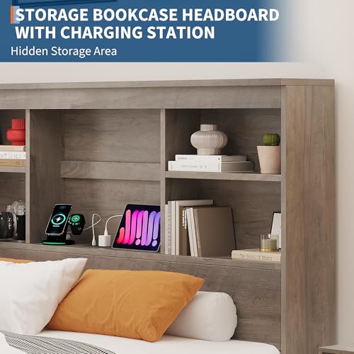GarveeHome Full Size Bed Frame with Bookcase Headboard and Charging Station Z337
