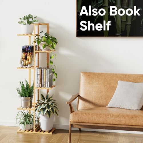 ROSSNY 48 Inch Tall 6-Tier Bamboo Plant Stand for Indoor Plants, Corner Plant Shelf, Natural W935552