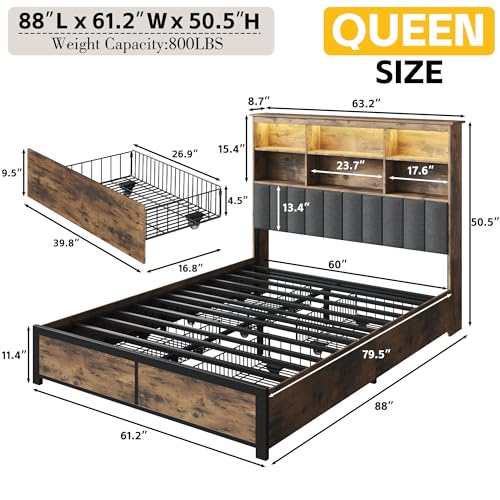 Lifezone Queen Bed Frame with Bookcase Headboard, Storage Drawers & Charging Station, Rustic Grey V4785