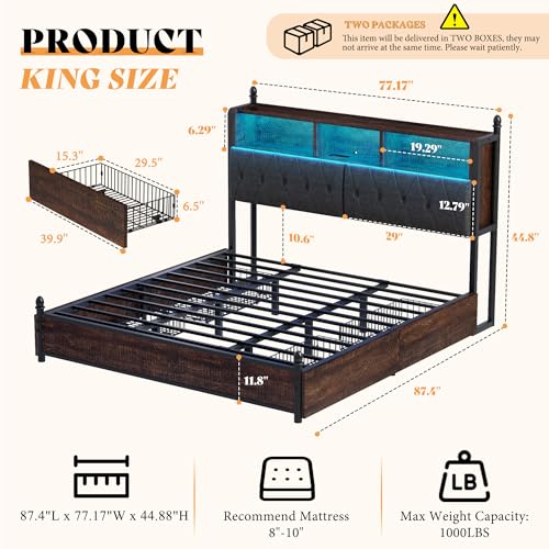 AMERLIFE Full Size Bed Frame with Bookcase Headboard, Charging Station, Rustic Brown H544