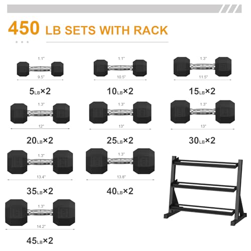 Rubber Coated Hex Dumbbell Weight Set with Rack for Home Gym T691259