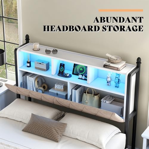 AMERLIFE Full Size Bed Frame with Bookcase Headboard, Charging Station, Rustic Brown H544