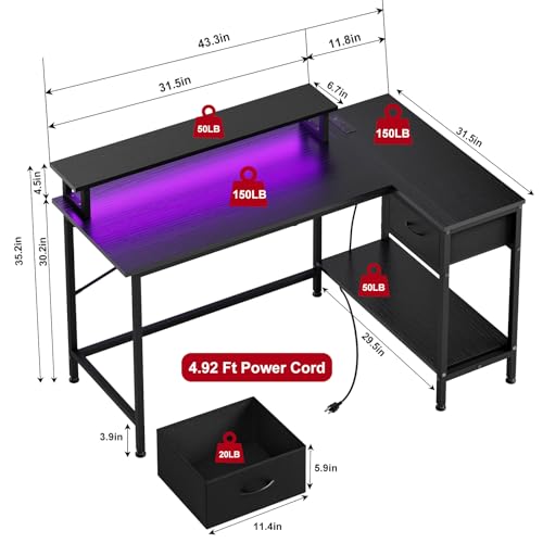 Fixwal L Shaped Gaming Desk with Power Outlets and LED Lights, Rustic Brown J2138
