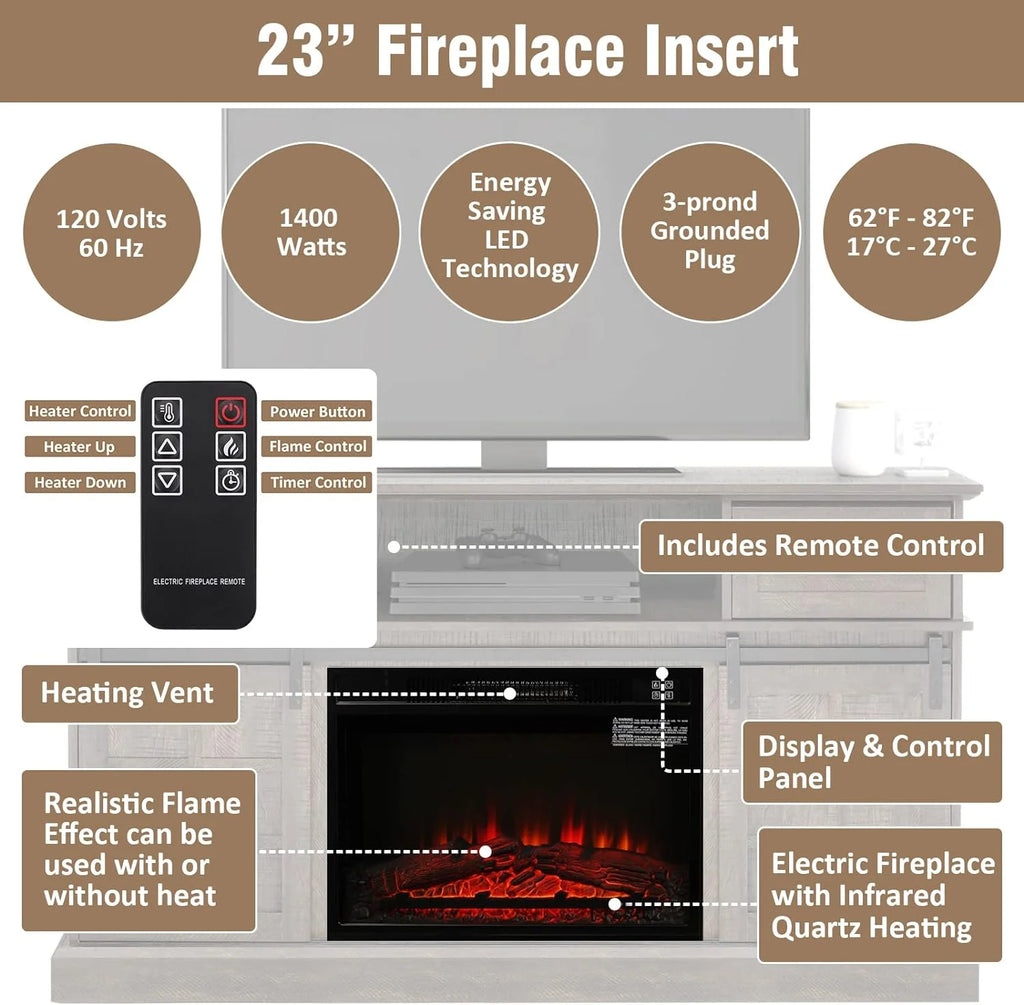 58" Farmhouse TV Stand with Electric Fireplace, Gray Wash A1124
