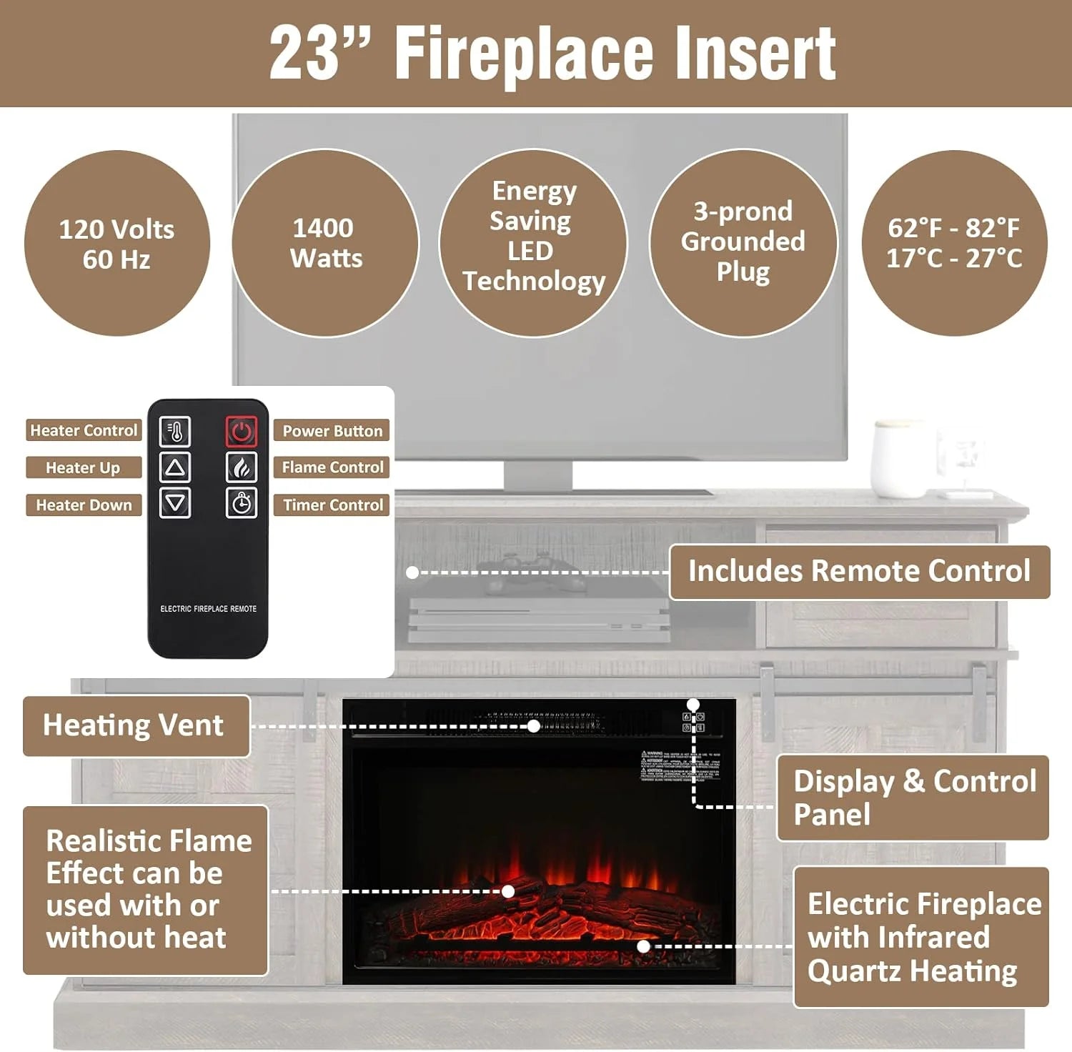 58" Farmhouse TV Stand with Electric Fireplace, Gray Wash A1124