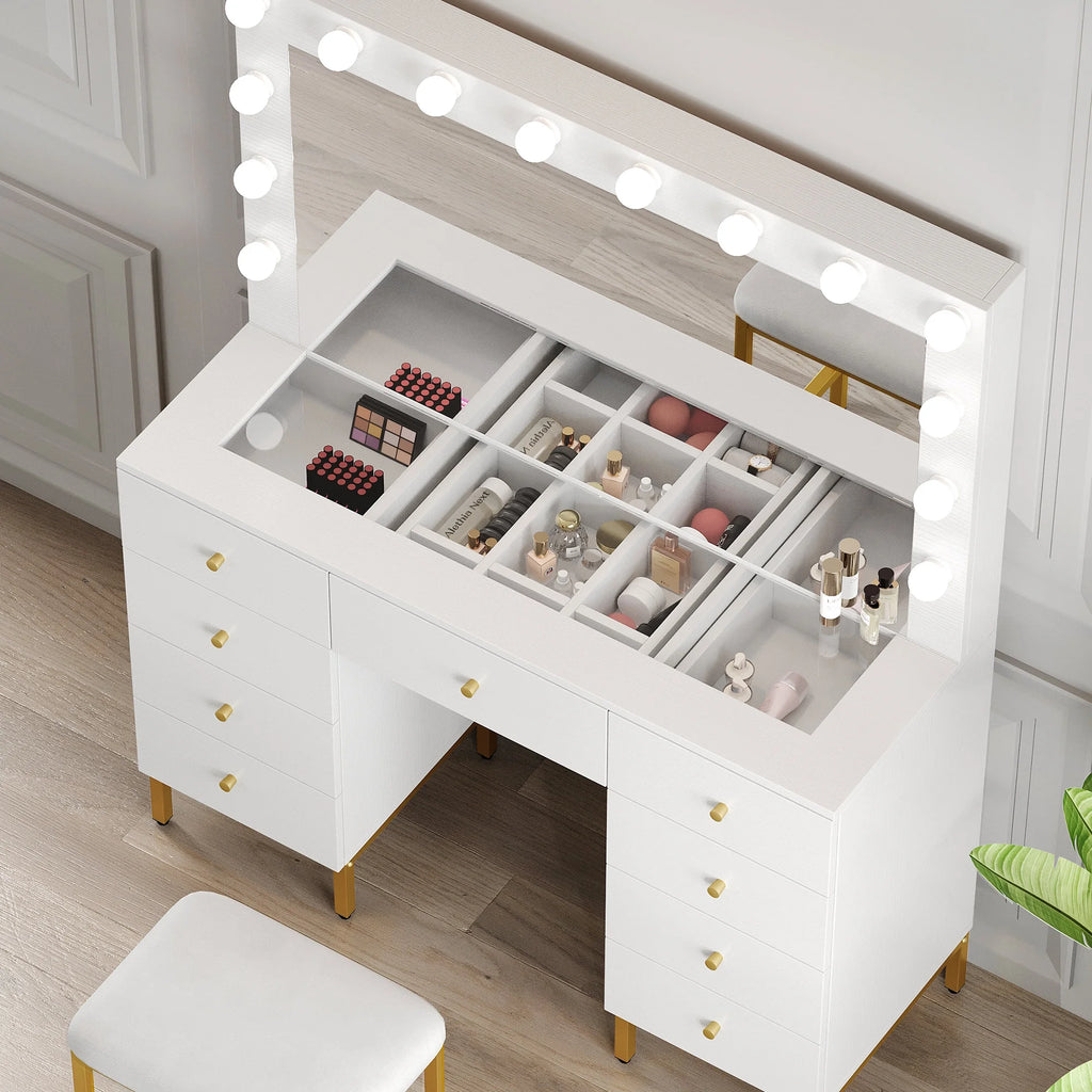 DWVO Vanity Table Set with Lighted Mirror, Charging Station & Stool D23790