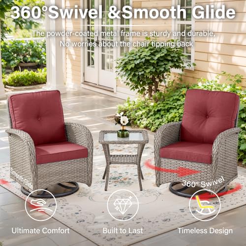 Outdoor Wicker Swivel Rocker Chairs Set of 2 with Rattan Side Table, Brown/Blue B592
