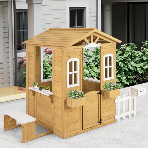 Costzon Outdoor Fir Wood Playhouse for Kids with Bench & Mailbox N477566