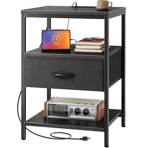 SUPERJARE Nightstand with Charging Station, Fabric Drawer, 3-Tier Storage, Walnut K366263
