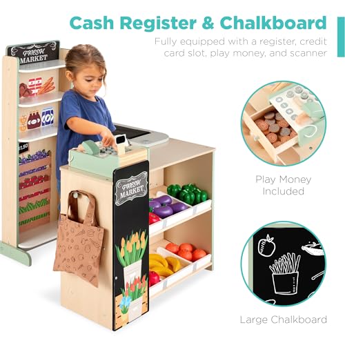 Pretend Play Grocery Store Wooden Supermarket Toy Set for Kids with Play Food, Cash Register, Conveyor - Red I3448