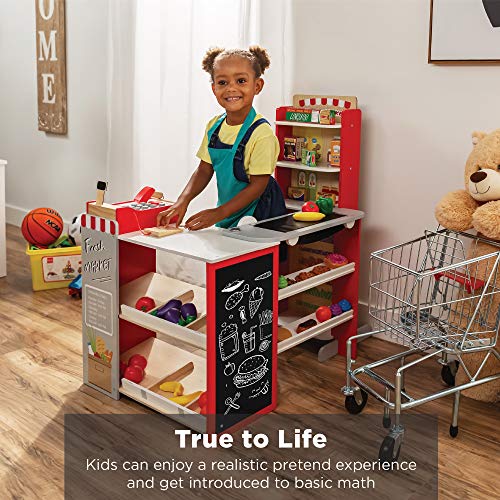 Pretend Play Grocery Store Wooden Supermarket Toy Set for Kids with Play Food, Cash Register, Conveyor - Red I3448