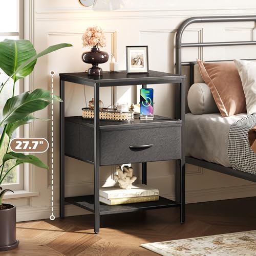 SUPERJARE Nightstand with Charging Station, Fabric Drawer, 3-Tier Storage, Walnut K366263