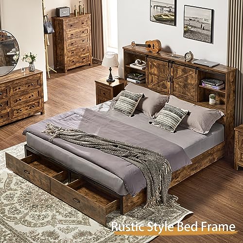 VanAcc Full Size Wooden Platform Bed with Bookcase Headboard and 2 Drawers O6158