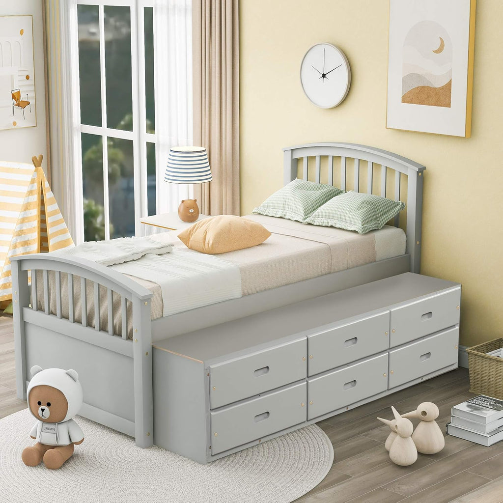 Twin Size Platform Storage Bed Solid Wood with 6 Drawers, Gray V756792