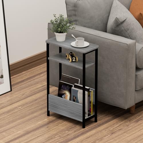 7.1" Narrow 3-Tier Side Table with Magazine Holder, Faux White Marble R580691