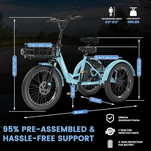 MOONCOOL Electric Tricycle for Adults, 500W 48V Folding 3-Wheel Bike with Basket O9027