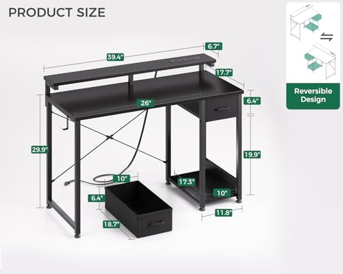 AODK Gaming Desk with LED Lights & Power Outlet, 40 Inch, Black T67329