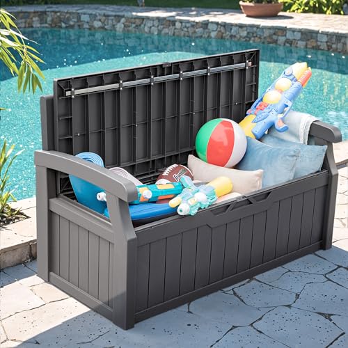 Greesum 80 Gallon Outdoor Storage Bench, Resin Patio Furniture, Dark Black I77551