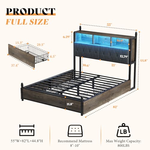 AMERLIFE Full Size Bed Frame with Bookcase Headboard, Charging Station, Rustic Brown H544