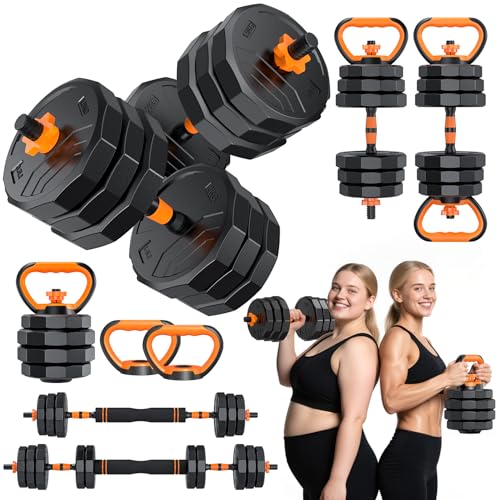 5-in-1 Adjustable Dumbbell Set, 33/44/66/88lbs Free Weights Set with Connector, Used as Kettlebells, Barbell, Push up Stand, Standard 1" Plates, Fitness Exercises for Home Gym Suitable Women/Men
