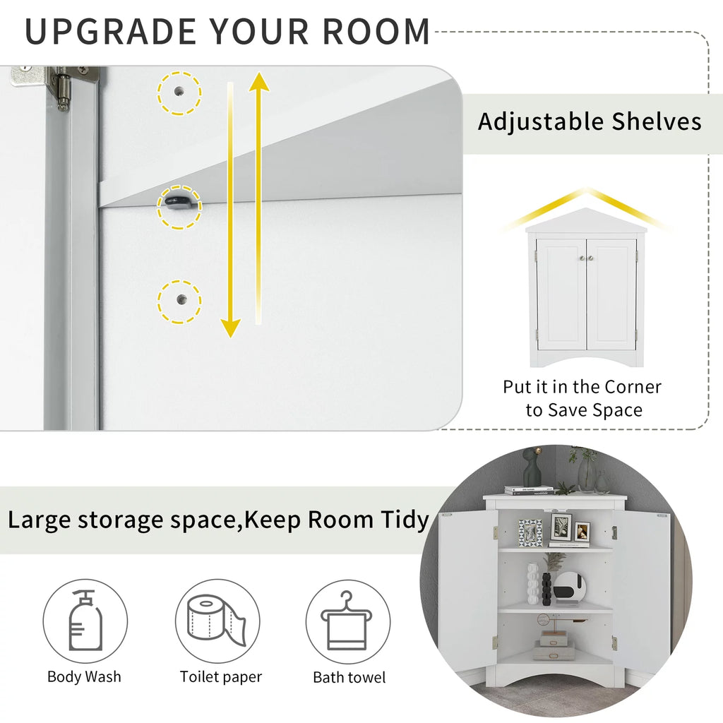 ANTSKU Corner Cabinet with Doors, 2 Adjustable Shelves, White Q2473
