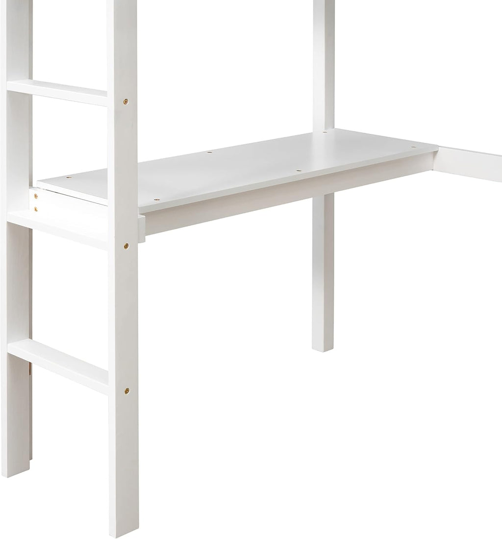 Wooden Twin Size Loft Bed with Desk and Ladder for Kids Teens, White O403068