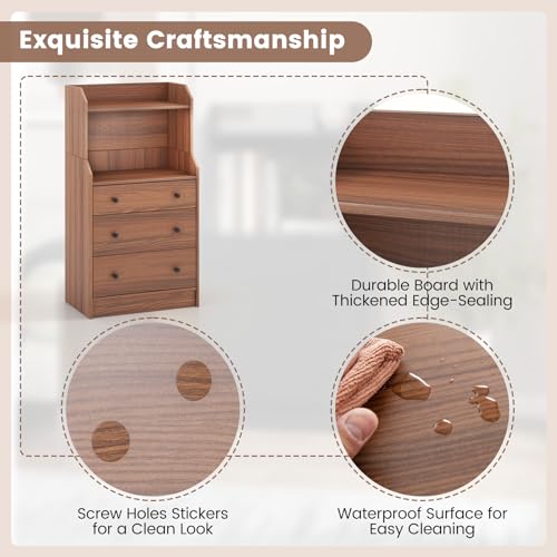 LOKO 3 Drawers Dresser with Shelves, Tall Nightstand, Anti-Toppling Device, Walnut T9199